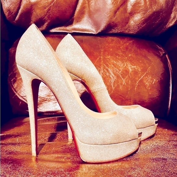 Christian Louboutin Lady Peep 150mm 1" Plat, Champaign Glitter wrapped Lthr EU40 - Picture 5 of 13